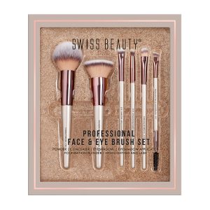 swiss beauty professional face & eye brush set of 6 with synthetic fibres and easy blending for cream, liquid & powder formulation
